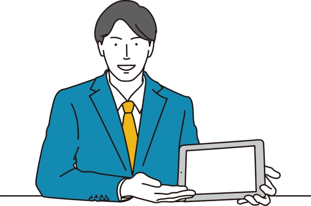 デスクでパソコンに向かい、要件を整理する専任担当者のイラスト